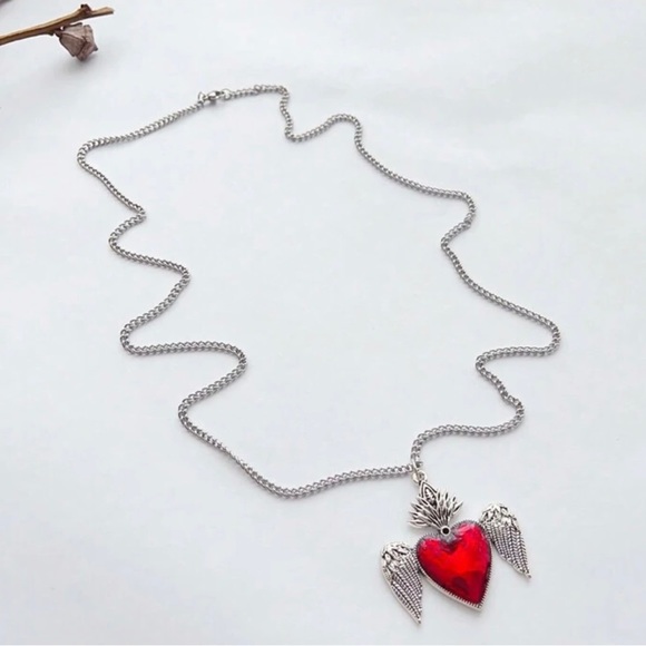 Winged Sacred Heart Ruby Red Fiery Jesus Immaculate Mary Catholic Steel Necklace - Picture 9 of 11